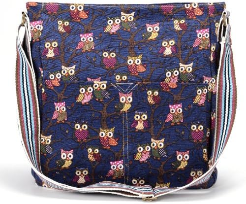 Cartoon Owl Print Color Strap Canvas Cross Body Messenger Cloth Shoulder Bag (Dark blue)