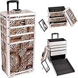 33.25 inch 4 in 1 Leopard Print Aluminum Finish Travel Rolling Wheeled Professional Makeup Organizer Trolley w/ 3 Detachable Trays + 3 Aluminum Drawers
