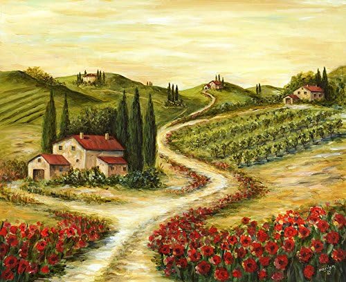 100% Hand Painted Canvas Oil Painting for Wall Art Decor, Tuscan Road with Poppies Landscape Oil Painting Reproduction/ Replica