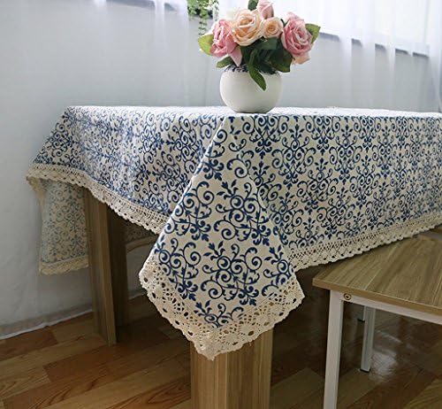 55.1'' x 86.6'' Various Sizes Chinese Pastoral Style Rectangular Cotton Linen Washable Blue and White Porcelain Table Cover Home Decoration Tablecloth for Party