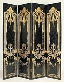 4-Panel Folding Room Divider - French Scroll (Black/Gold) (72"H x 64"W x 1.75"D)