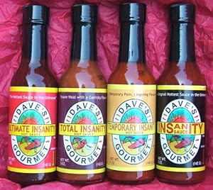 Dave's Insanity Sauce Gift Set - A Total Lapse of Reason. The Hottest Set Known to Man! This Set is the Four Hottest Sauces On the Planet. This is in All Likelyhood More Than a Lifetime Supply of Blazing Face Torture.