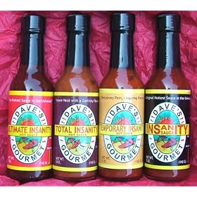 Dave's Insanity Sauce Gift Set - A Total Lapse of Reason. The Hottest Set Known to Man! This Set is the Four Hottest Sauces On the Planet. This is in All Likelyhood More Than a Lifetime Supply of Blazing Face Torture.