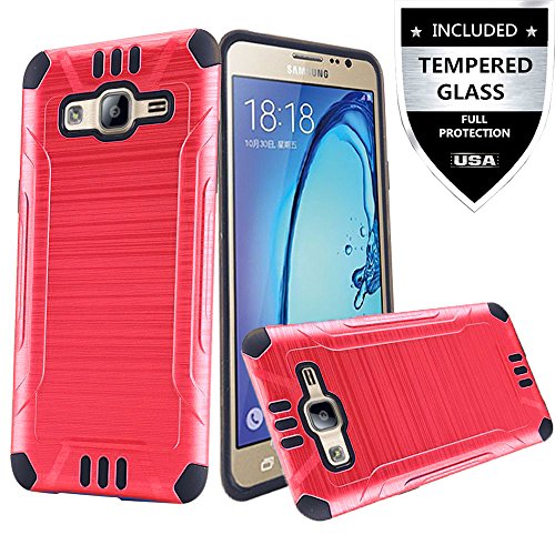 Galaxy On5 Case With Tempered Glass Screen Protector,IDEA LINE(TM) Hybrid Hard Shockproof Slim Fit Brushed Shockproof Protector Cover Heavy Duty Protective (Red)