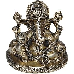 Seated Statue Brass Lord Ganesha with 2 Pillows 4 x 2.75 x 3.75 inches