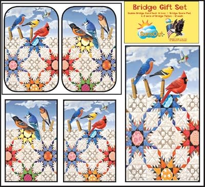 Bridge Gift Set - Feathered Stars - Large Print Double Deck Playing Cards - Score Pad - 2 Sets of Tallies