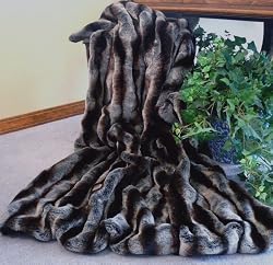 Ribbed Chinchilla Faux Fur Throw Blanket with Rich, Thick Black Velvet Velour Backing