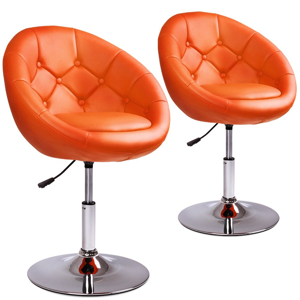 Retro Bar Stools 2 Set Orange Leather Swivel Modern Chair Lounge Seat