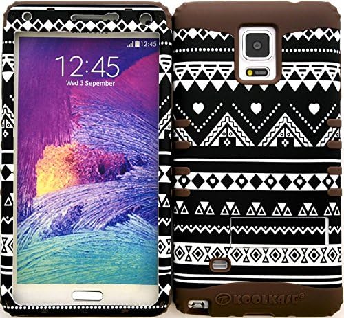 Wireless Fones TM Hybrid Impact Kickstand Cover Case Silicone for Samsung Galaxy Note 4 Black & White Tribal Aztec C on Brown