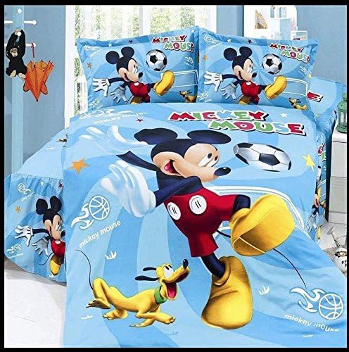 Mickey Mouse Playing Soccer with Pluto - Blue Yellow - 4 Piece Twin Duvet Cover Set