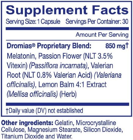 Melatonin Natural Sleep Aid | Dromias | 850mg Deep Sleep Aid Supplement with Melatonin, Valerian, Passion Flower, and Lemon Balm - Herbal, Natural, Non-Habit-Forming Sleeping Pill Free of Chemicals - Doctor-Formulated and Non-GMO - 30 Capsules (1 Month Supply)