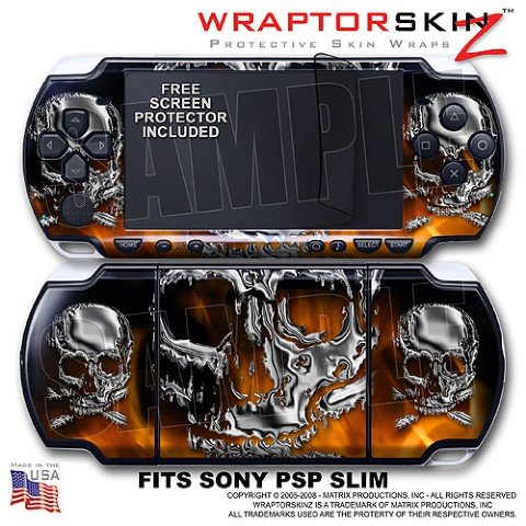 Chrome Skulls on Fire WraptorSkinz Skin and Screen Protector Kit fits Sony PSP Slim