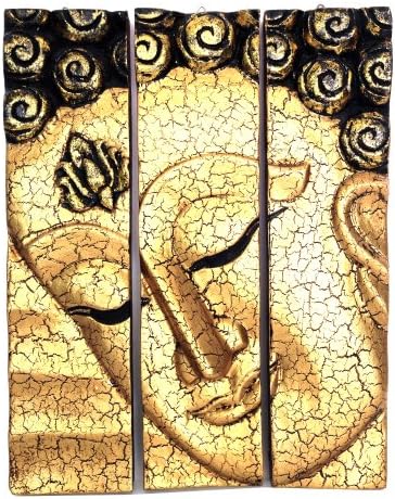 Hand Carved Buddha Face 3-Piece Panel Wall Décor, 12"L x 15"H x 1.5"W