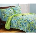 Vintage Paisley Blue and Green Quilt and Sham Set