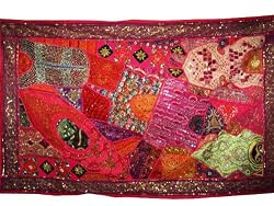 Pink Beaded Vintage Sari Wall Hanging Tapestry Wall Art
