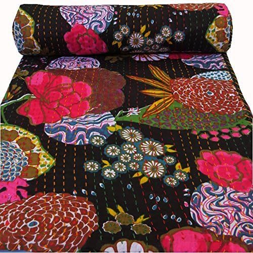 Handicraftshop Cotton Indian Kantha Quilted Bedspreads 90x60 IN Black by monika