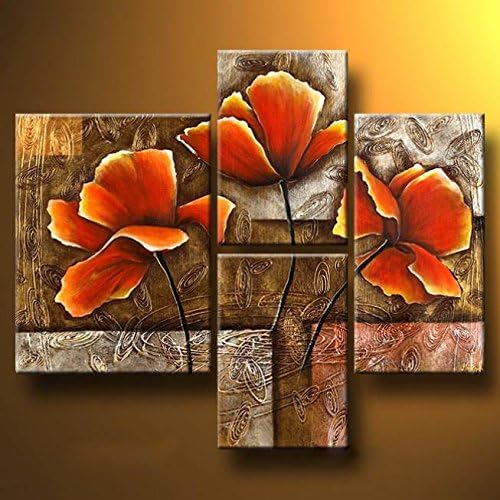 Wieco Art - Large Size Golden Poppies On Golden Texture 100% Hand-painted Modern Abstract Canvas Art Floral Oil Paintings on Canvas Modern Wall Art