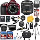 Nikon D3300 Red DSLR Camera Body with Nikon 18-55mm VR Standard Zoom Lens Celltime Exclusive Bundle with High Definition U.V. Filter + Wide Angle and Telephoto Auxiliary Lenses + Deluxe Camera Case + 2pcs 16GB Class 10 Memory Cards + 16pc Accessory Kit