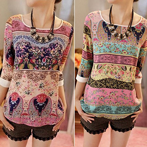 MEXUD-Blouse Tops with Fashion Blouse Chiffon Printing Elegant 3/4 Sleeve Puff Sleeve T-Shirt for Women