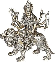 Brass Statue Hindu Goddess Durga Sitting on Lion 9 x 3.75 x 10.5 inches (durgab003)