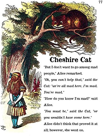 8x10 Storybook Print of Alice Meeting the Cheshire Cat, Overlaid on Text From the Book Alice in Wonderland, a John Tenniel Illustration, Fine Art Print (WCCStoTex810)