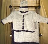 Ck22, Knitted on Hand Knitting Machine Finished By Hand Crochet Blue Chenille Navy Trim Infant Boys Cardigan Hat Set Trimmed with Baseball Buttons with Matching Blanket