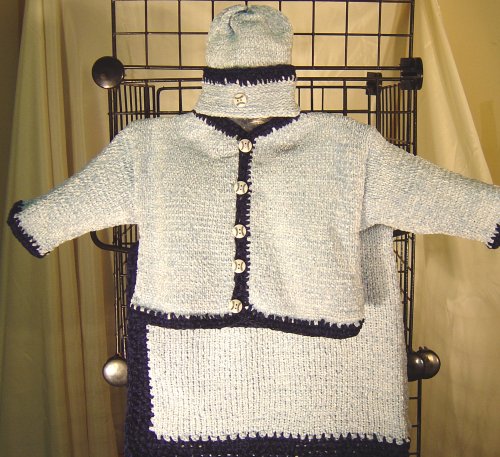 Ck22bk, Knitted on Hand Knitting Machine Baby Blue Chenille Finished By Hand Crochet with Navy Chenille Boys Cardigan Hat Set Trimmed with Baseball Buttons and Matching Blanket