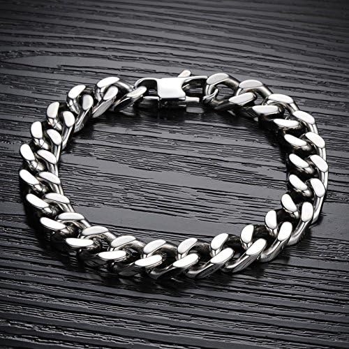 Stainless Steel Silver Heavy Metal Cuban Curb Link Chain Bracelet for Men's 21.5cm Length