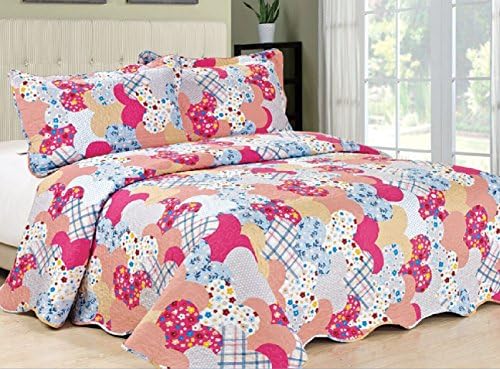 FT Home Fashion Girl's Breathable Cute Cartoon Heart Printed Quilt Coverlet Set, 3 Pieces