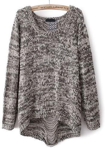 Black Long Sleeve Ripped Knit Loose Sweater