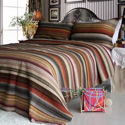[Enthusiasm Desert-1] 100% Cotton 3PC Vermicelli-Quilted Striped Patchwork Quilt Set (Full/Queen Size)