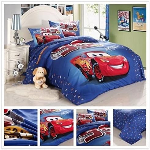 Disney Red Cars - Kids 3 Piece Blue Duvet Set 100% Cotton- Twin Bed