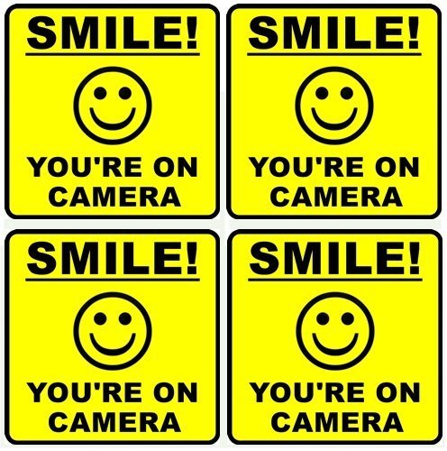 Outdoor/Indoor (4 Pack) 4″ wide X 4″ high Home Business SMILE YOU’RE ON CAMERA Yellow Window Door Warning Security Alert Sticker Decals **Back Self Adhesive Vinyl**