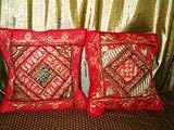 2 Alizarin Crimson Beaded Embroidered Cushion Covers Vintage Sari Pillow Covers 16x16 inches