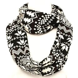 Knit Chain Circle Loop Eternity Scarf Snow Flake Black with White & Brown