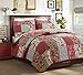 Cozy Line Home Fashions Adeline Red Teal Khaki Floral Pint Pattern Real Patchwork 100% Cotton Reversible Coverlet Bedspread Quilt Bedding Set for Women (Red Aqua, Queen - 3 Piece)