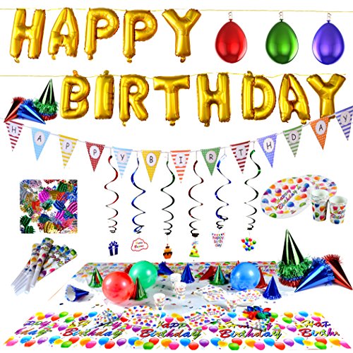 Joyin Birthday Party Supplies and Party Decorations All-in-One Pack Including Gold Letter Foil Balloons, Birthday Banners, Birthday Swirls, Party Tableware, Party Hats, Confetti (Over 100 PCs)