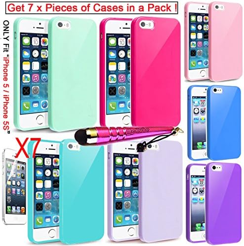 Bundle of 7 Pieces iPhone 5S Cases, iPhone 5 Cases, MeKube® Slim Jelly Candy Soft Flexible Gel TPU Case Covers Protectors For iPhone 5 5S, W/ Stylus (H Pink/Pink/Mint /D Purple/ Turquoise/Blue/ Purple
