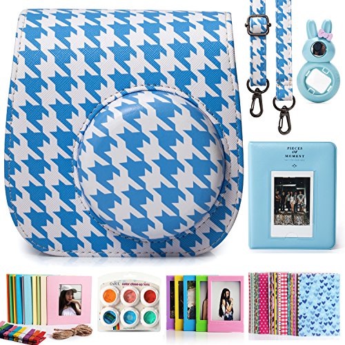 CAIUL 7 in 1 Fujifilm Instax Mini 8/8+ Camera Accessories Bundles (Blue Houndstooth Mini 8 Case/ Mini Album/ Close-up Selfie Lens/ 6 Colors Close-up Lens/Wall Hang Frames/Film Frame/Film Stickers)
