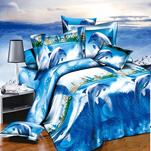 4PCS 3D Polyester Dolphin World Bedding Set Prints Duvet Cover Set Queen Size（1PC Bed sheet/1PC Comforter Cover/2 PCS Pillow Covers）