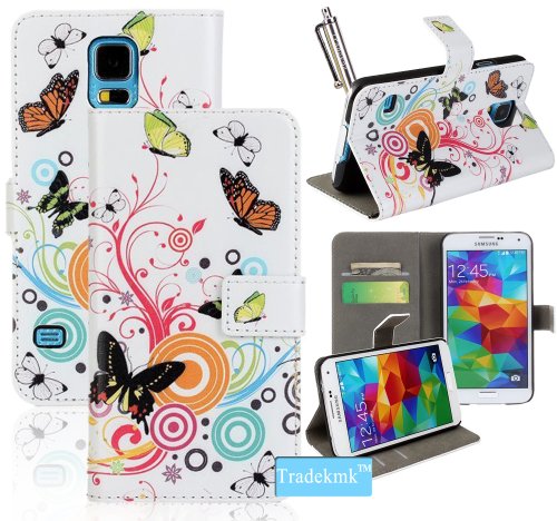 Galaxy S5 Case,Tradekmk(TM) Colorful Butterflies with Circle Wallet Leather Case Cover with Credit ID Card Slots and Stylus Pen Fit For Samsung Galaxy S5 I9600