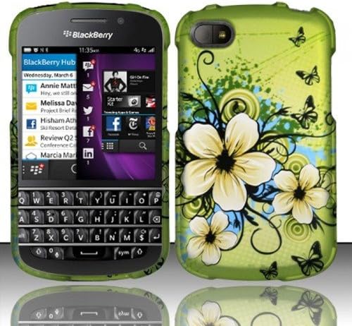 GREEN FLOWER BUTTERFLY HARD MATTE SNAP ON CASE BLACKBERRY Q10 + SCREEN PROTECTOR [In Casesity Retail Packaging]