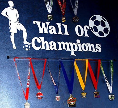 WALL OF CHAMPS: Soccer 15 Medal Wall Display Set + Sports Decals (white)