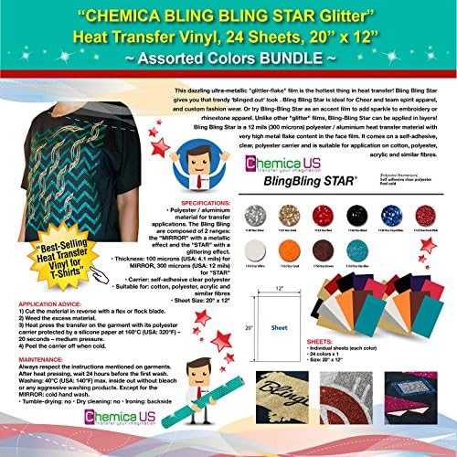 GERCUTTER Store - CHEMICA Bling Bling Star Glitter Heat Transfer Vinyl, 24 Sheets, 20" x 12", Assorted Colors Bundle