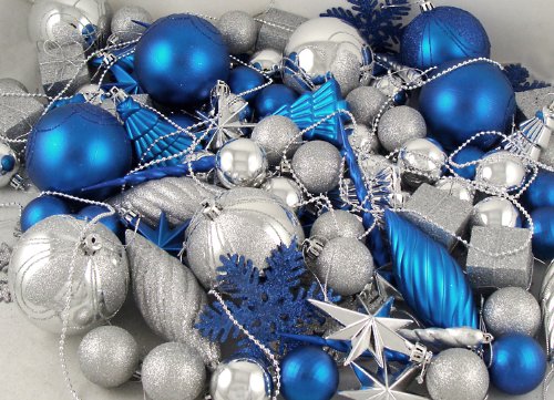 125-Piece Club Pack of Shatterproof Ice Palace Silver & Blue Christmas Ornaments