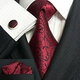 Landisun 30C Burgundy Black Paisleys Mens Silk Tie Set: Tie+Hanky+Cufflinks