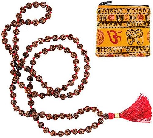 RUDRAKSHA MEDITATION MALA ~ Finest Quality ~ 108 Prayer Beads on Red Knotted String w/ Om Zippered Mala Pouch ~ 7mm Size