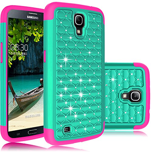 Samsung Galaxy Mega 6.3 Case, EC™ Elegant Studded Rhinestone Case, Hybrid Dual Layer Diamond Case Cover for Samsung Galaxy Mega 6.3 (Teal/Hot pink)
