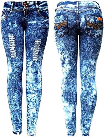 ELLA Women Acid Wash BLUE Denim JEANS Destroy Skinny LEG Ripped Distressed Pants