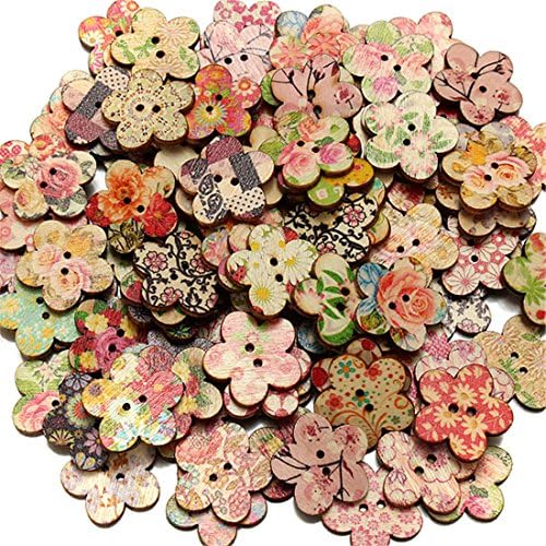 100pcs Mixed Flower Patterns 2 Holes Wooden Buttons Sewing Scrapbooking Craft